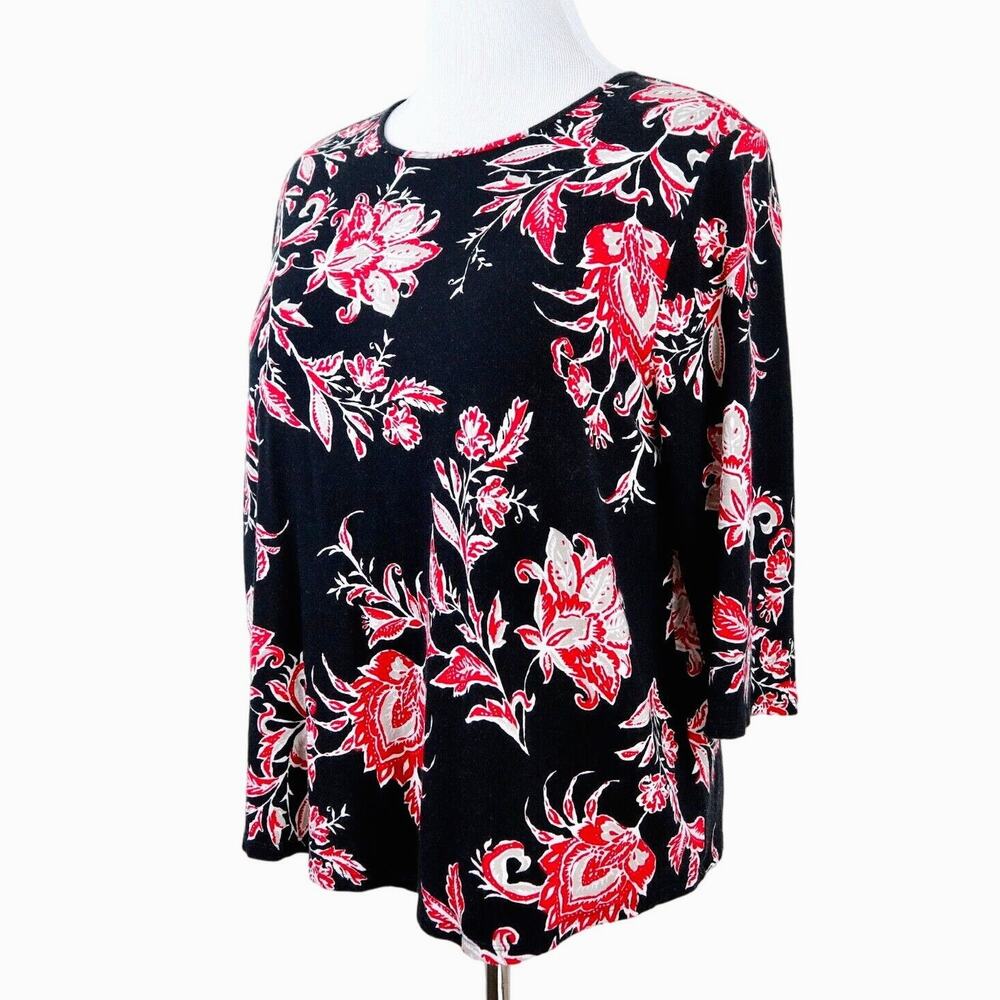 J Jill Size L Wearever Collection Jersey Knit Tee Floral Black Red